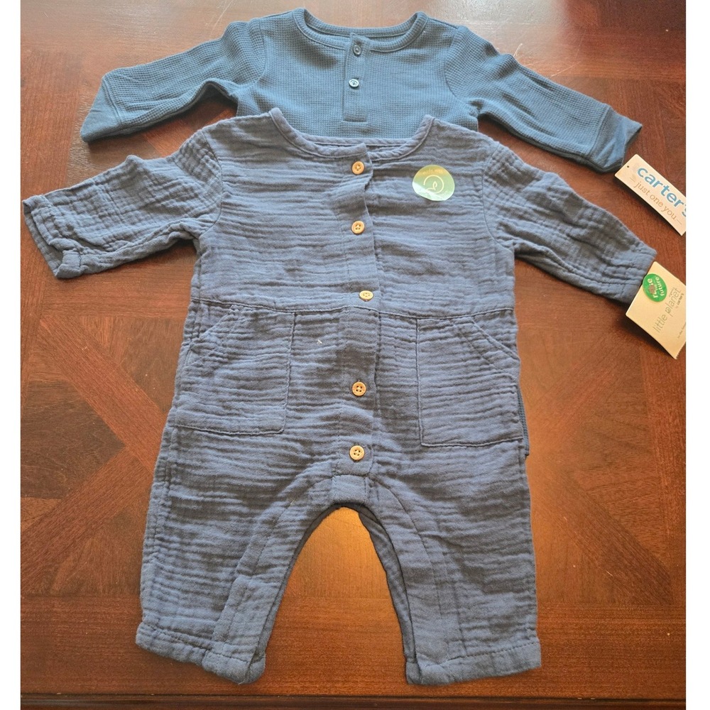 Carters Little Planet Organic Gauze Romper & Waffle Henley Jumpsuit Set 3M Blue